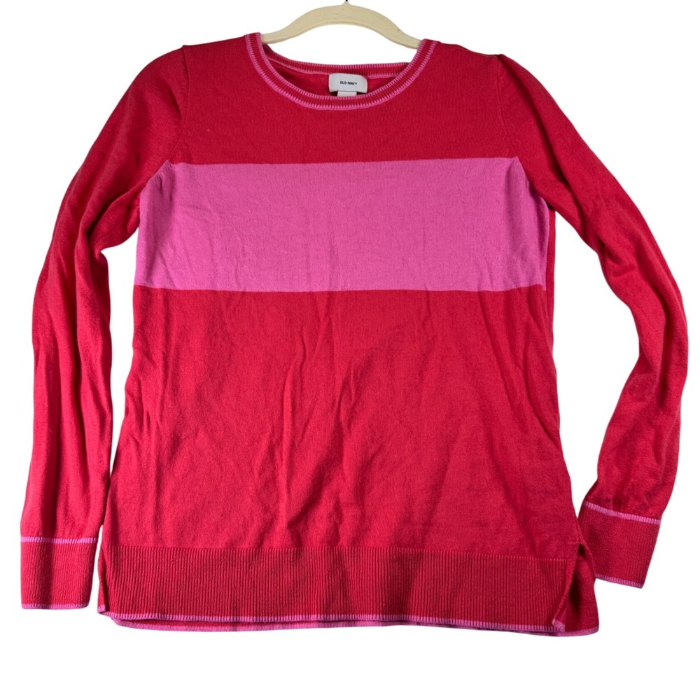 Old Navy Womens Sweater Medium Pink Red Color Block Long Sleeve Knit